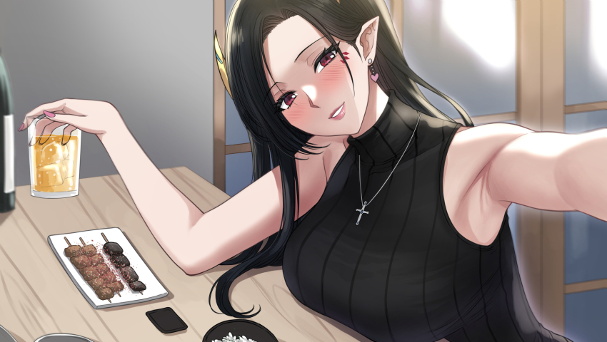 1girl, alcohol, armpits, black_hair, black_sweater, blush, bottle, breasts