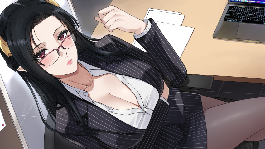 1girl, arm_under_breasts, black_hair, black_jacket, black_pantyhose, black_skirt, blush, breasts