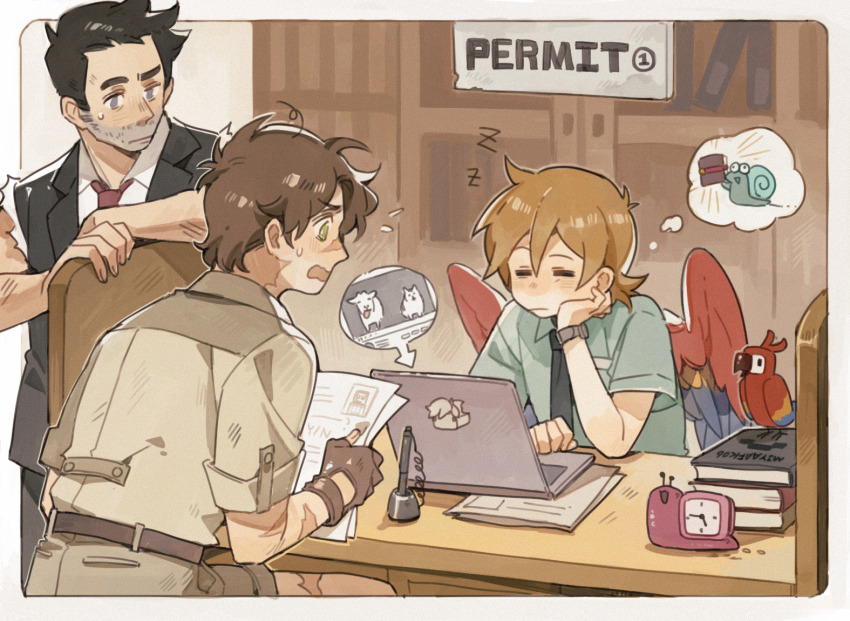 3boys, bird, bird_boy, bird_wings, black_hair, book, brown_hair, clock