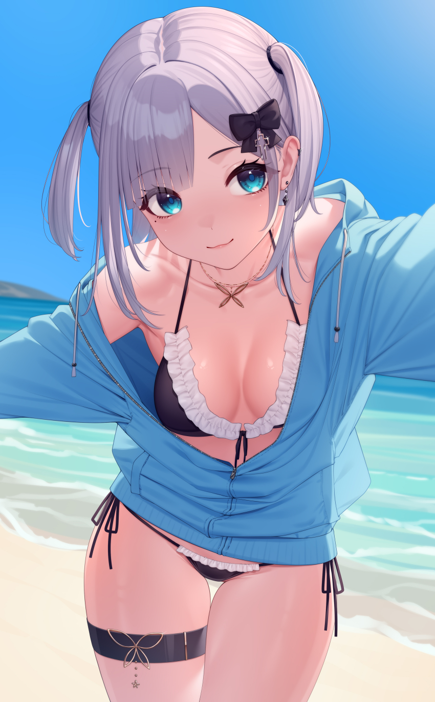 1girl, absurdres, beach, bikini, black_bikini, black_bow, blue_eyes, blue_jacket
