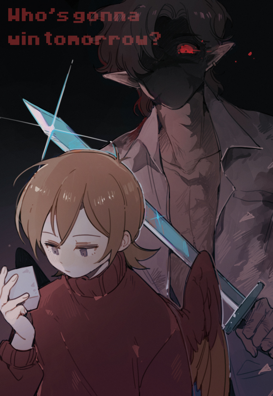 2boys, bird_boy, brown_eyes, brown_hair, english_text, glowing, glowing_eyes, goodtimeswithscar