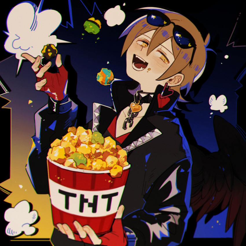 1boy, chain, collar, earrings, explosive, eyewear_on_head, fangs, fingerless_gloves