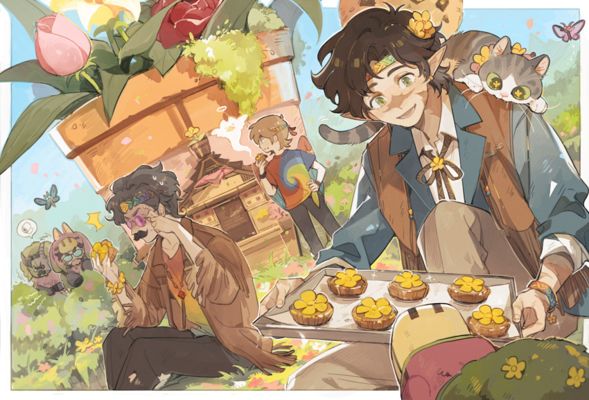 5boys, animification, bug, butterfly, cat, cookie, cosplay, flower, food, goodtimeswithscar, goodtimeswithscar_(buttercups), grass, grian_(buttercups)_(hermitcraft), grian_(youtuber), hermitcraft, highres, insect, jellie_(hermitcraft), luminous_slime, male_focus, minecraft, minecraft_youtube, multiple_boys, mumbo_jumbo_(youtuber), outdoors, peeking, pointy_ears, rendog, scenery, slice_of_life, sniffer_(minecraft), sniffer_(minecraft)_(cosplay)