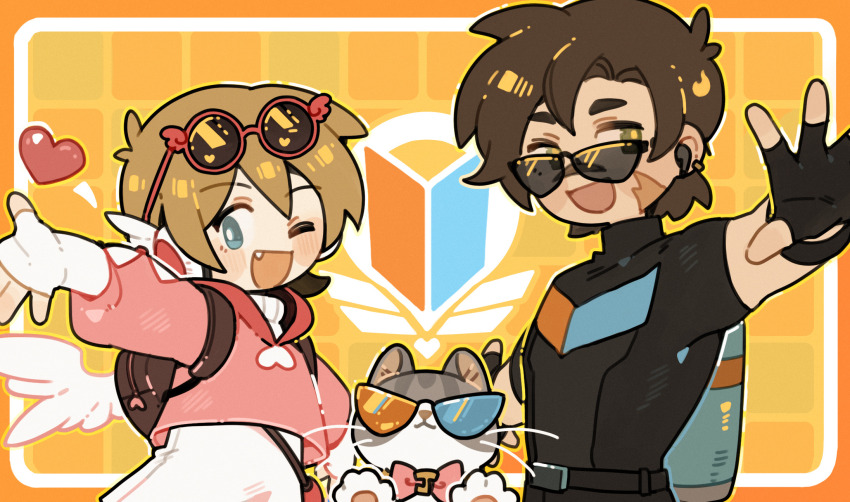 2boys, backpack, bag, blush, border, brown_hair, cat, deformed