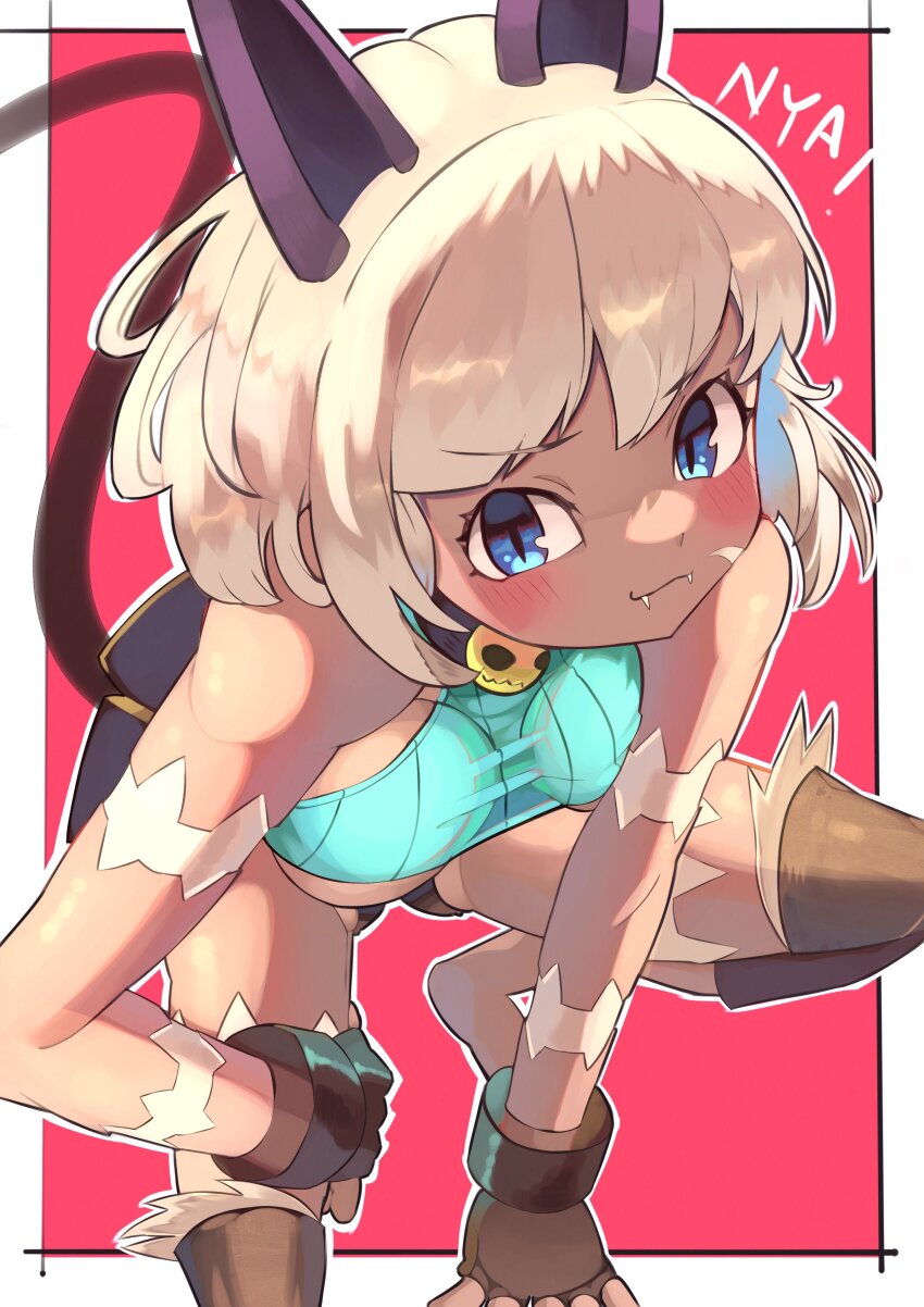 1girl, absurdres, blue_eyes, blush, bob_cut, breasts, cat_girl, claws