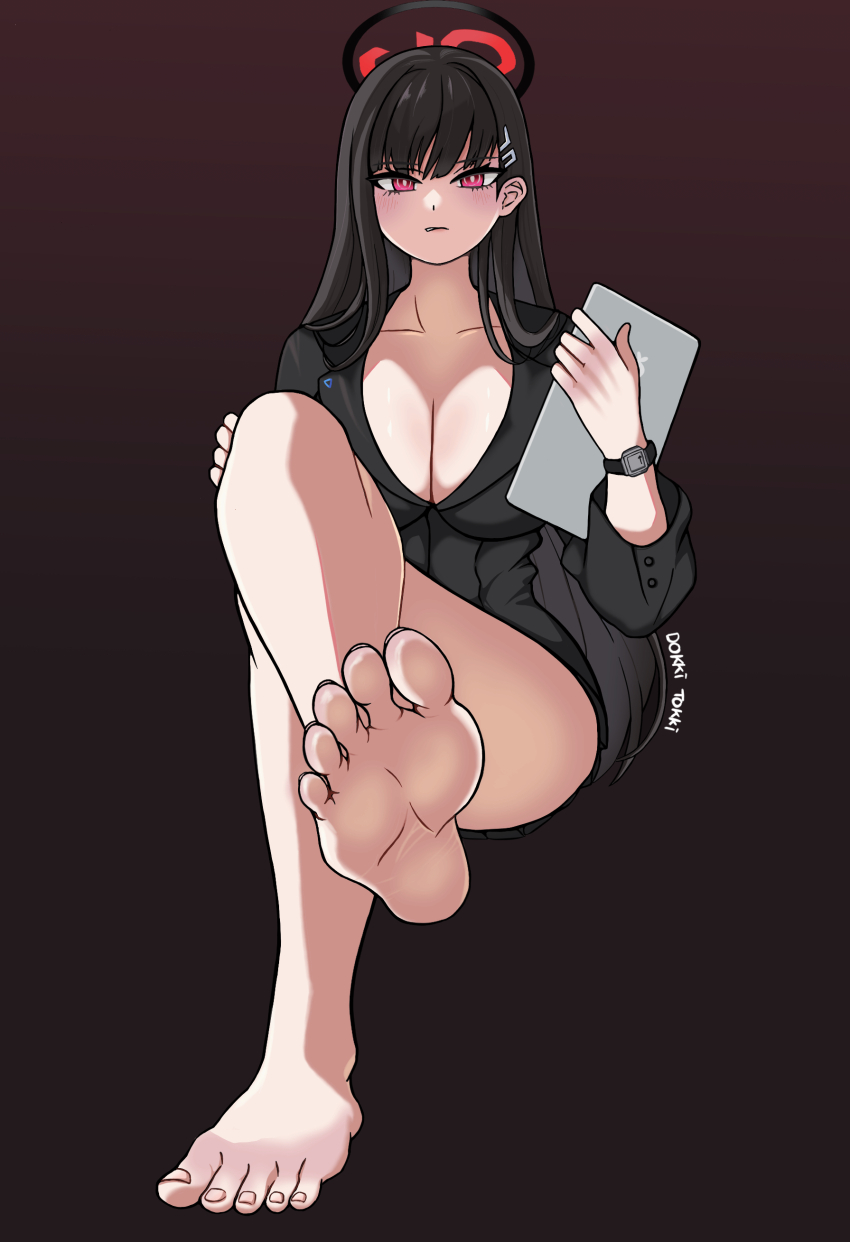 1girl, absurdres, barefoot, black_hair, blue_archive, blush, breasts, cleavage, crossed_legs, dokkitokki, feet, highres, long_hair, looking_at_viewer, parted_lips, red_eyes, rio_(blue_archive), soles, toes