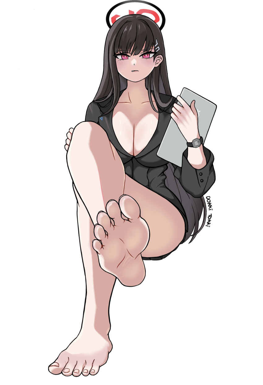 1girl, absurdres, barefoot, black_hair, blue_archive, blush, breasts, cleavage, crossed_legs, dokkitokki, feet, highres, long_hair, looking_at_viewer, parted_lips, red_eyes, rio_(blue_archive), soles, toes, white_background