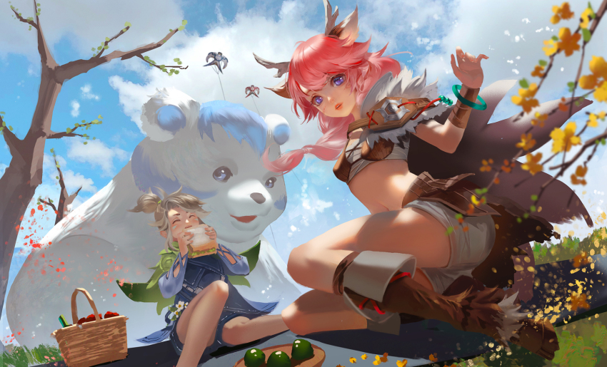 agudo_(wangzhe_rongyao), antlers, bear, deer_antlers, deer_girl, dyun, eating, food