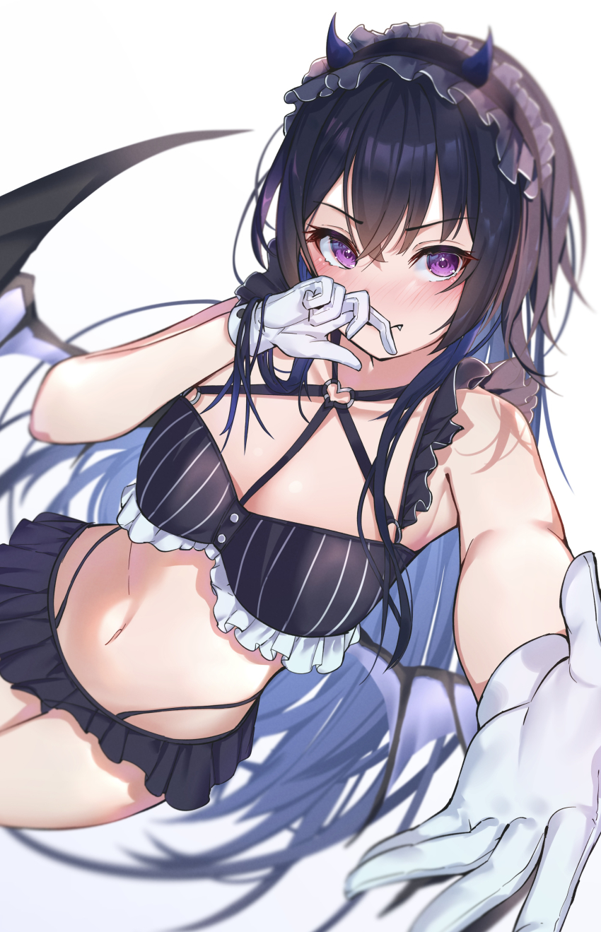 1girl, absurdres, black_bra, black_hair, black_panties, black_skirt, blue_hair, blue_horns