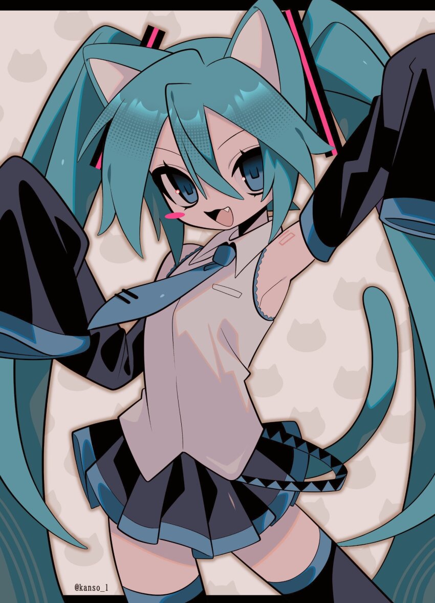 1girl, absurdres, animal_ears, aqua_hair, black_skirt, black_sleeves, blush_stickers, cat_ears