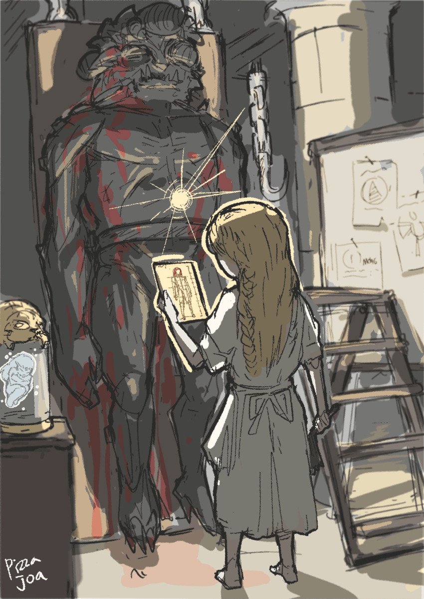 2boys, asymmetrical_horns, blonde_hair, blood, corpse, elden_ring, elden_ring:_shadow_of_the_erdtree, fizoa12, highres, holding, holding_paper, hook, horns, indoors, jar, ladder, long_hair, male_focus, miquella_(elden_ring), mismatched_horns, mohg_lord_of_blood, multiple_boys, multiple_horns, paper, robe, short_sleeves, single_horn, spoilers, stepladder, teeth, white_robe