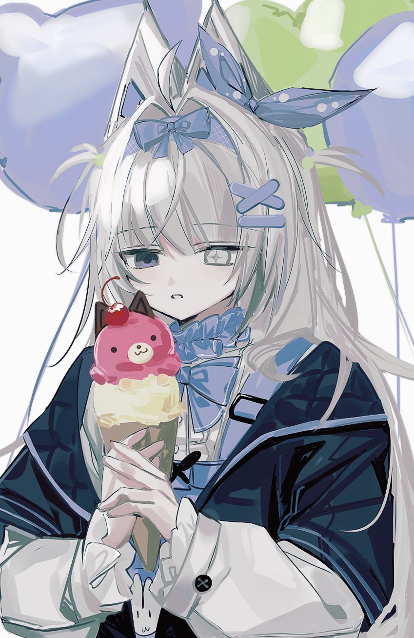 1girl, ahoge, animal_ears, black_jacket, blue_bow, blue_bowtie, blue_choker, blue_dress, blue_hairband, bow, bowtie, bra, choker, cross-shaped_pupils, dress, frilled_bra, frilled_shirt, frills, grey_eyes, grey_hair, hair_intakes, hair_ornament, hairband, haru18_ii, heterochromia, highres, holding, holding_ice_cream_cone, ice_cream_cone, jacket, long_hair, long_sleeves, mechanical_ears, mismatched_pupils, no._21:_feral_(pgr), no._21_(pgr), punishing:_gray_raven, shirt, solo, symbol-shaped_pupils, underwear, upper_body, white_shirt, white_sleeves, wolf_ears, x_hair_ornament