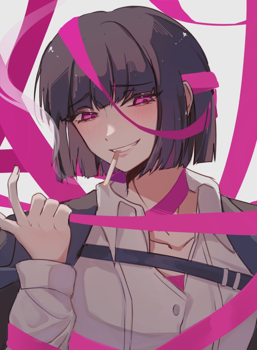 1girl, absurdres, beckoning, black_hair, black_jacket, blunt_bangs, blush, bob_cut, cigarette, collarbone, collared_shirt, dress_shirt, e.g.o_(project_moon), grin, highres, jacket, jacket_on_shoulders, jenn_(slopjoshi), limbus_company, long_sleeves, looking_at_viewer, pink_eyes, pink_ribbon, project_moon, ribbon, roseate_desire_(e.g.o), ryoshu_(project_moon), shirt, short_hair, sidelocks, simple_background, smile, smoke, smoking, solo, teeth, white_background, white_shirt, wing_collar