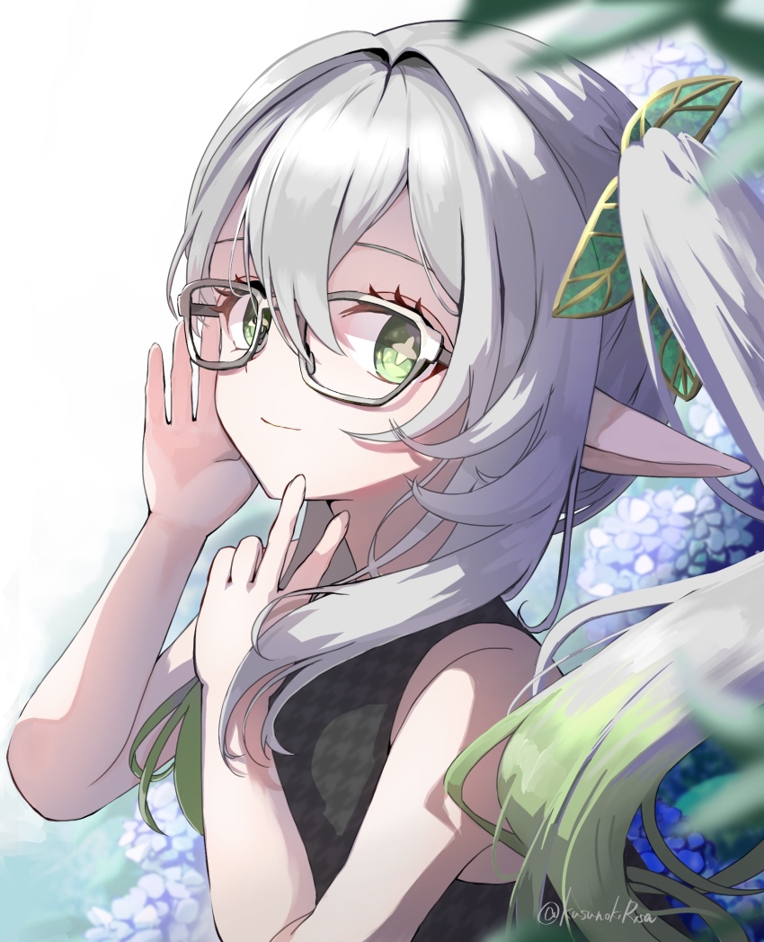 1girl, adjusting_eyewear, bespectacled, black_shirt, commentary_request, from_side, genshin_impact, glasses