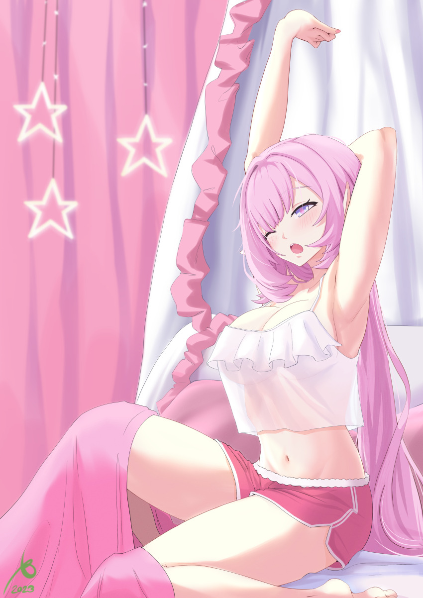 1girl, 2023, absurdres, alternate_costume, armpits, bare_legs, bare_shoulders, blue_eyes