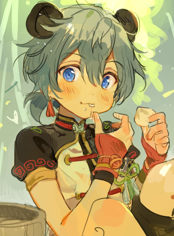 1boy, :3, :t, aged_down, alternate_costume, animal_ears, armlet, bamboo_steamer