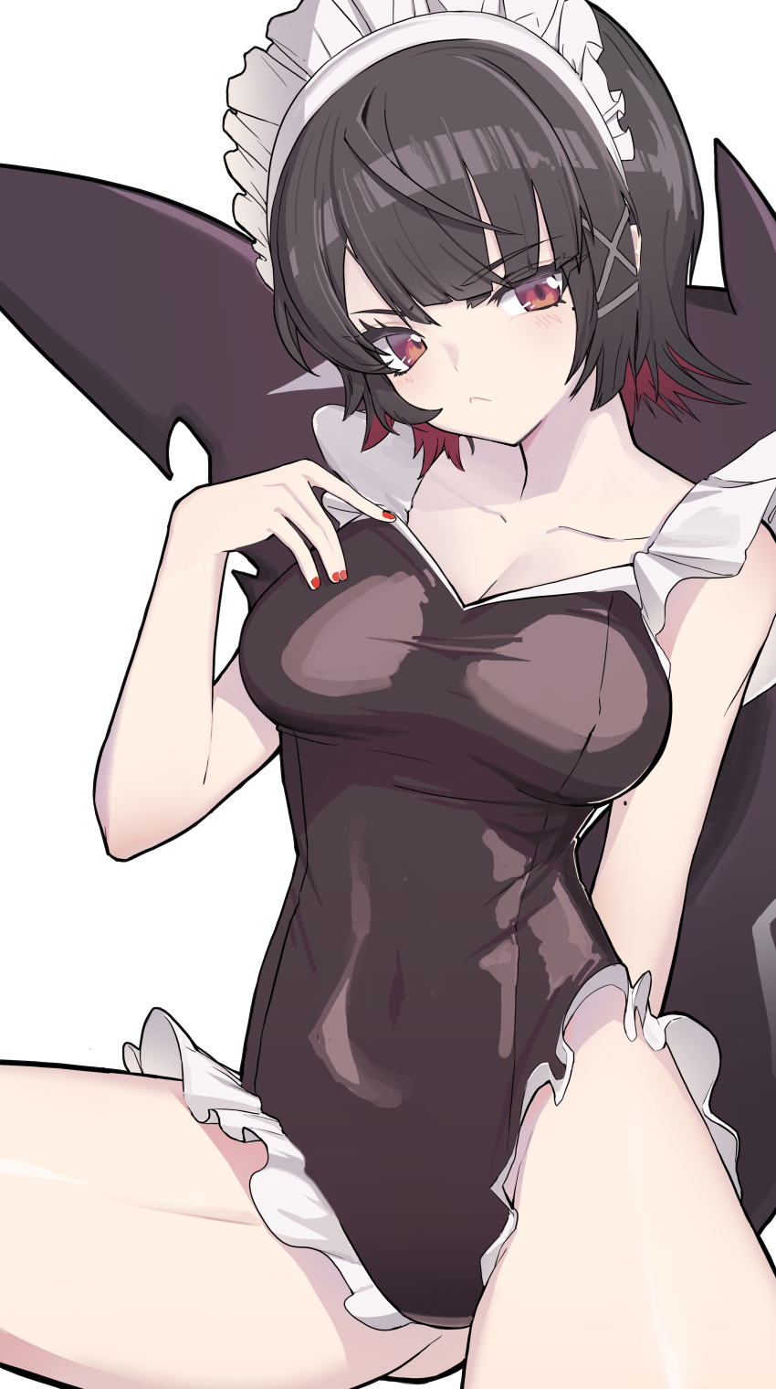 1girl, absurdres, alternate_costume, black_one-piece_swimsuit, collarbone, colored_inner_hair, covered_navel, ellen_joe, fins, fish_tail, frilled_one-piece_swimsuit, frills, highres, maid, maid_headdress, maid_one-piece_swimsuit, miyamoya, mole, mole_on_arm, multicolored_hair, nail_polish, one-piece_swimsuit, red_nails, shark_girl, shark_tail, simple_background, solo, swimsuit, tail, unconventional_maid, white_background, zenless_zone_zero