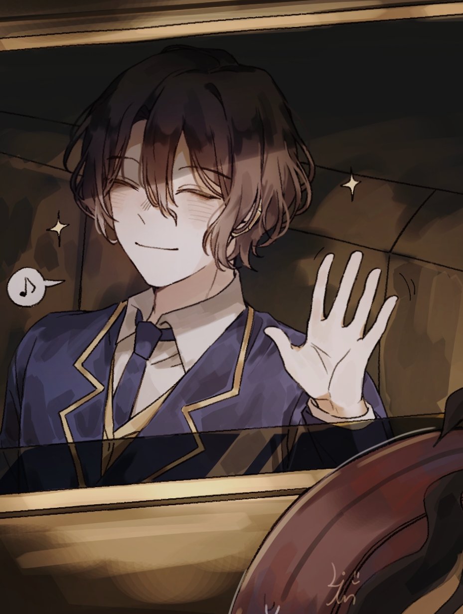 1boy, 1other, anger_vein, blue_necktie, brown_hair, car_interior, clock, closed_eyes