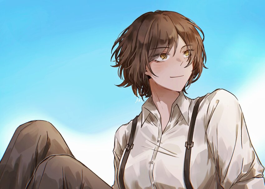 1girl, black_pants, brown_hair, closed_mouth, collared_shirt, highres, knees_up, laenjen78201