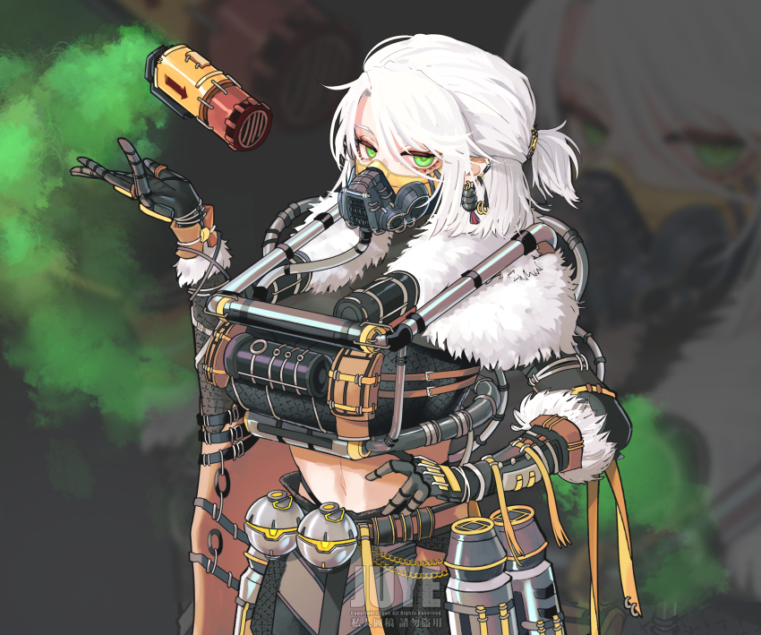 1girl, animification, apex_legends, artist_name, black_boots, black_gloves, black_pantyhose, black_skirt, blackheart_caustic, boots, breasts, caustic_(apex_legends), character_name, copyright_name, detached_sleeves, full_body, fur_trim, genderswap, genderswap_(mtf), gloves, green_eyes, hand_on_own_hip, highres, large_breasts, mask, pantyhose, ponytail, respirator, skirt, smoke_grenade, solo, thigh_strap, watermark, white_background, white_hair, xiaoye_ju_er