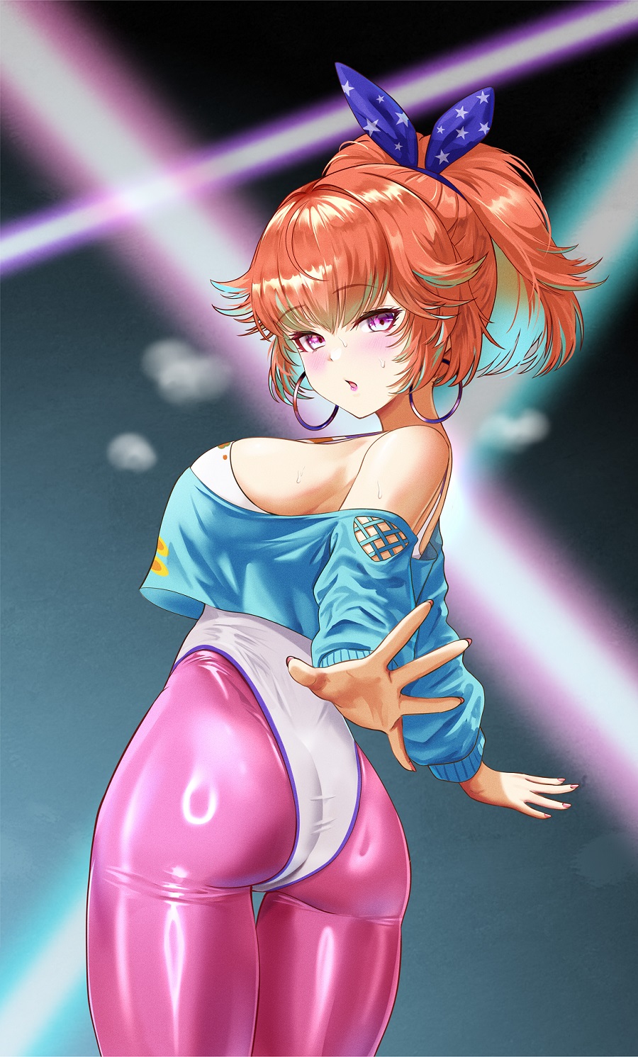 1girl, :o, ar-khey, ass, bare_shoulders, blue_ribbon, blue_sweater, blush, breasts, colored_inner_hair, crop_top, crop_top_overhang, cropped_sweater, earrings, flipped_hair, green_hair, hair_ribbon, highleg, highleg_leotard, highres, hololive, hololive_english, hoop_earrings, jewelry, large_breasts, laser, leggings, leotard, long_sleeves, looking_at_viewer, looking_back, multicolored_hair, off-shoulder_sweater, off_shoulder, official_alternate_costume, orange_hair, outstretched_arms, pantyhose, pink_nails, pink_pantyhose, ponytail, purple_eyes, reflective_clothes, ribbon, short_hair, solo, sweater, takanashi_kiara, takanashi_kiara_(fever_night), virtual_youtuber, white_leotard