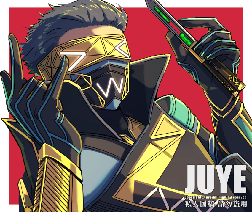 >_<, 1boy, \m/, apex_legends, artist_name, balisong, black_gloves, black_jacket