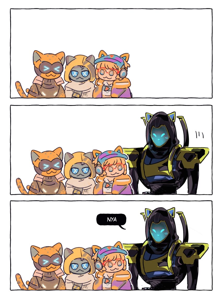 >_<, 2boys, 2girls, :3, ^_^, absurdres, animal_ears, animification, apex_legends, black_bodysuit, blonde_hair, blue_eyes, bodysuit, cat_ears, cat_mask, cat_tail, chibi, closed_eyes, da_chuang_fang, fake_animal_ears, glowing, helmet, highres, hood, hood_down, hood_up, hooded_jacket, jacket, mask, multiple_boys, multiple_girls, nine_lives_revenant, octane_(apex_legends), official_alternate_costume, orange_jacket, revenant_(apex_legends), shirt, short_hair, smile, sunglasses, tail, thunder_kitty_wattson, trait_connection, void_prowler_wraith, wattson_(apex_legends), white_shirt, wild_speed_octane, wraith_(apex_legends)