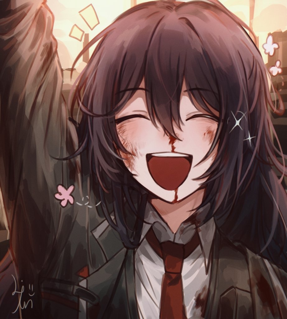 1boy, arm_up, black_coat, blood, blood_on_clothes, blood_on_face, closed_eyes, coat