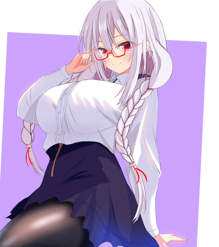 1girl, 2024, absurdres, adjusting_eyewear, arm_support, black_pantyhose, black_skirt, blush, breasts, closed_mouth, cowboy_shot, dated_commentary, eyes_visible_through_hair, glasses, grey_hair, hair_between_eyes, hand_up, highres, index_finger_raised, large_breasts, long_hair, long_sleeves, looking_at_viewer, misaki_kanna, pantyhose, purple_background, purple_eyes, red-framed_eyewear, sakuratoru, semi-rimless_eyewear, shirt, simple_background, skirt, smile, solo, split_mouth, tsuki_no_kanata_de_aimashou, tsurime, two-tone_background, very_long_hair, white_background, white_shirt