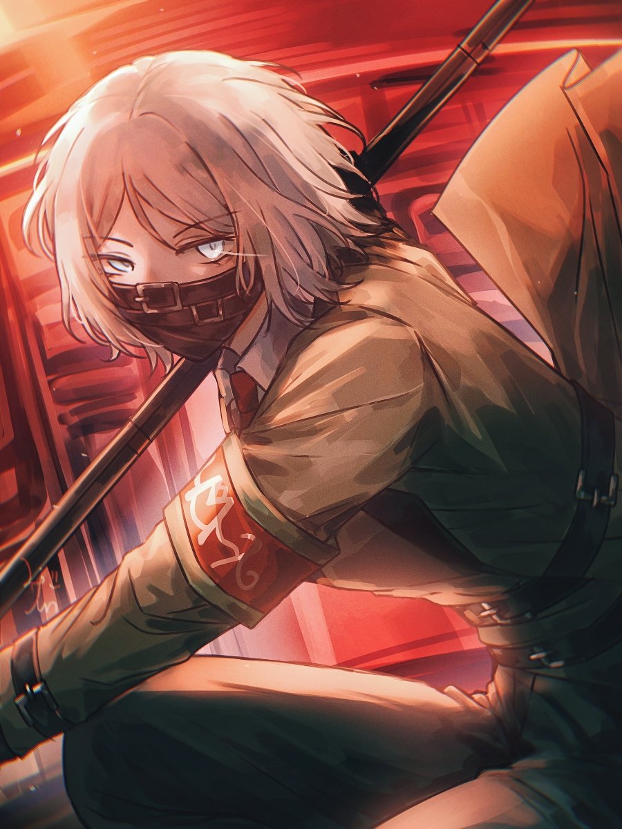 1girl, armband, belt, black_belt, black_pants, blue_eyes, brown_coat, coat