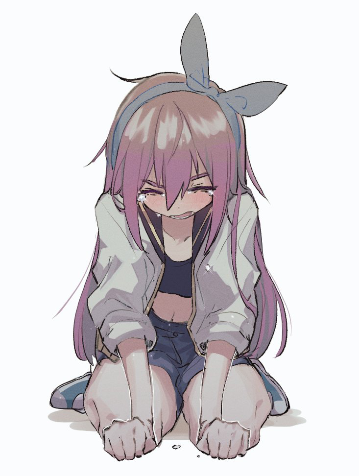 1girl, aqua_hairband, aqua_shoes, aubrey_(faraway)_(omori), aubrey_(omori), black_sailor_collar, black_shirt, blue_shorts