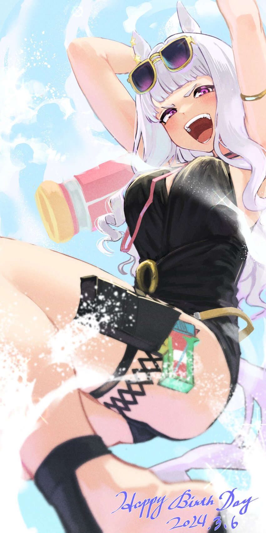 1girl, absurdres, animal_ears, armband, arms_up, birthday, black_one-piece_swimsuit, blush