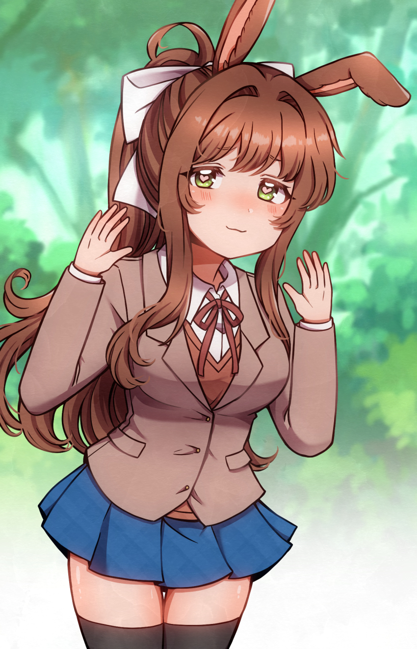 1girl, animal_ears, black_thighhighs, blue_skirt, blush, bow, breasts, brown_hair