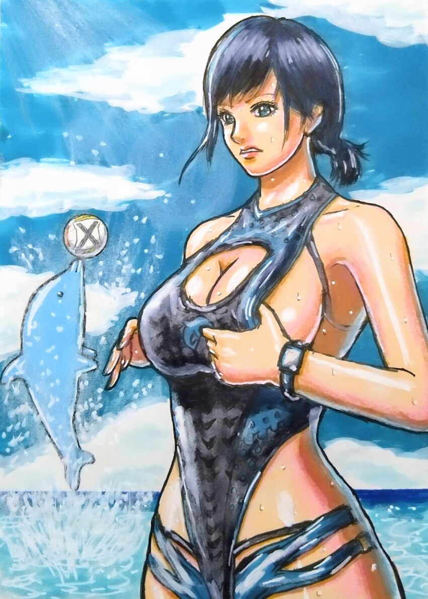 1girl, ball, breasts, competition_swimsuit, dead_or_alive, dead_or_alive_xtreme, dead_or_alive_xtreme_venus_vacation, dolphin