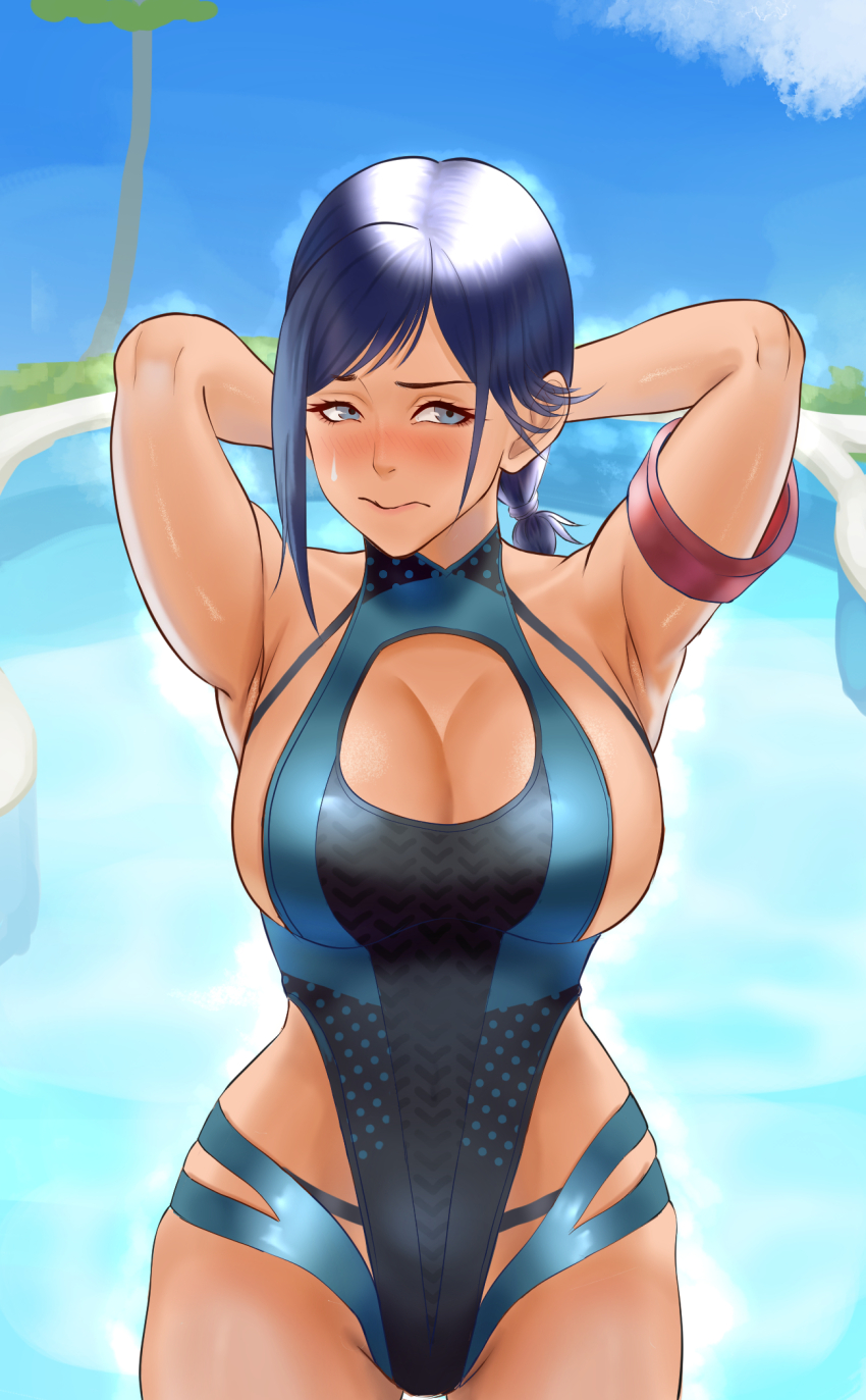 1girl, armband, armpits, arms_behind_head, blue_eyes, blue_hair, blush, breasts