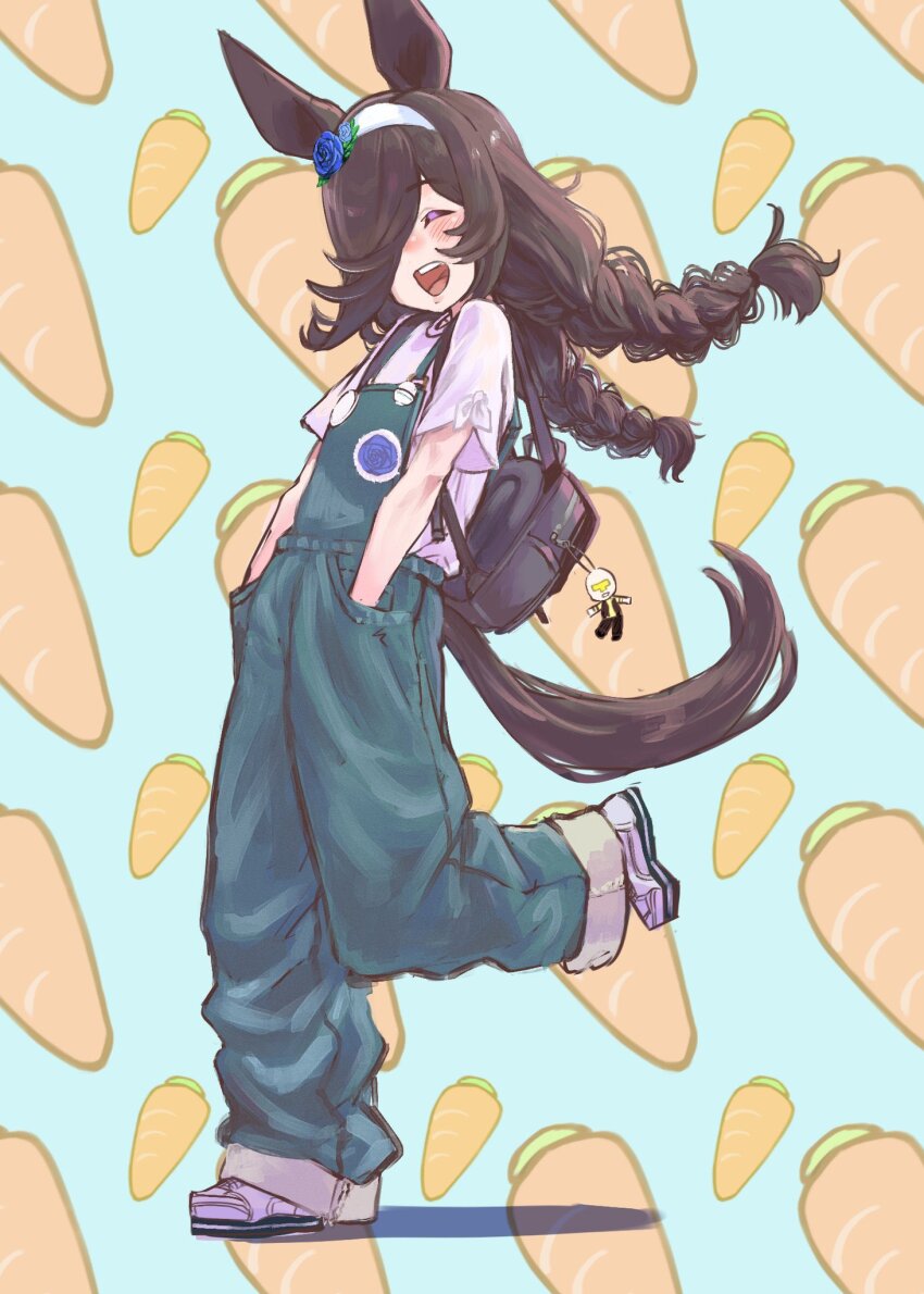 1girl, alternate_costume, animal_ears, backpack, bag, blush, braid, brown_hair
