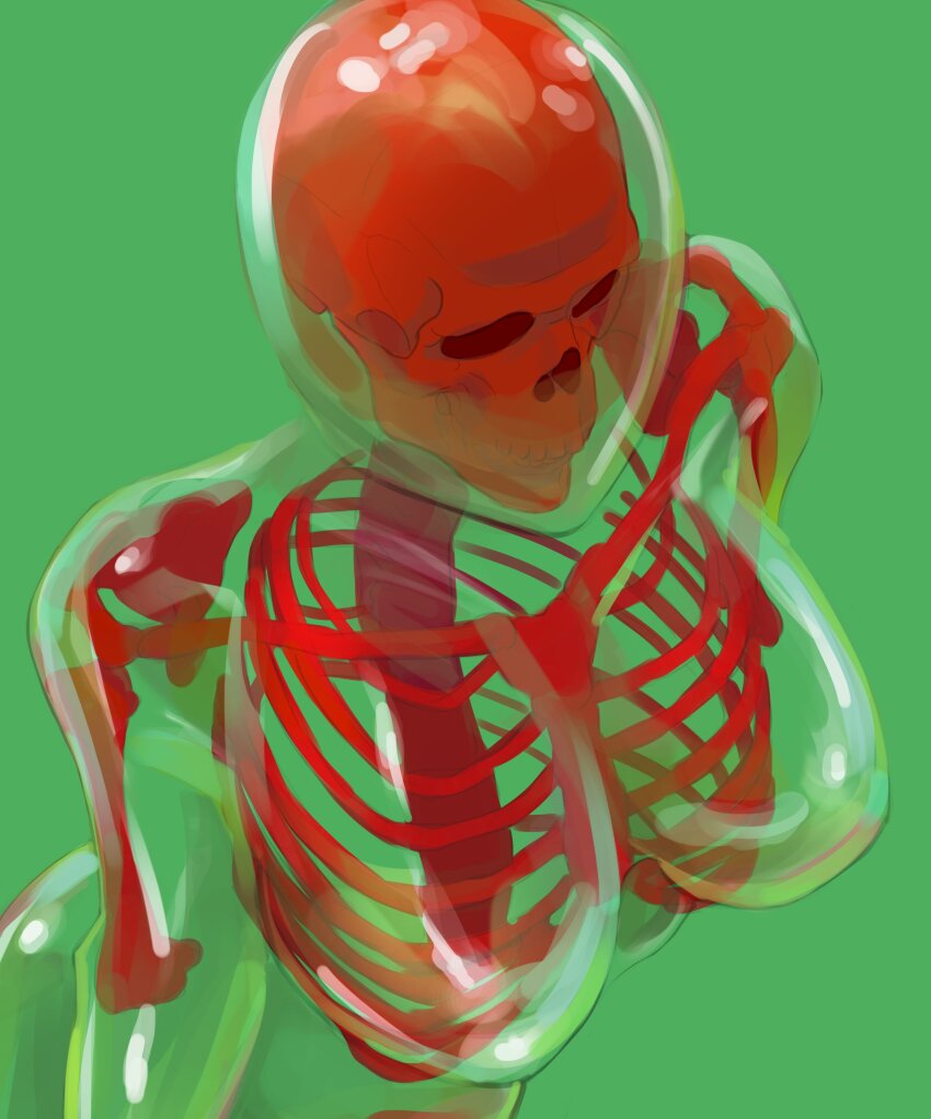 1girl, absurdres, bone, breasts, green_background, highres, knifesart, large_breasts, monster_girl, original, ribs, see-through_body, simple_background, skeleton, skull, slime_(substance), slime_girl