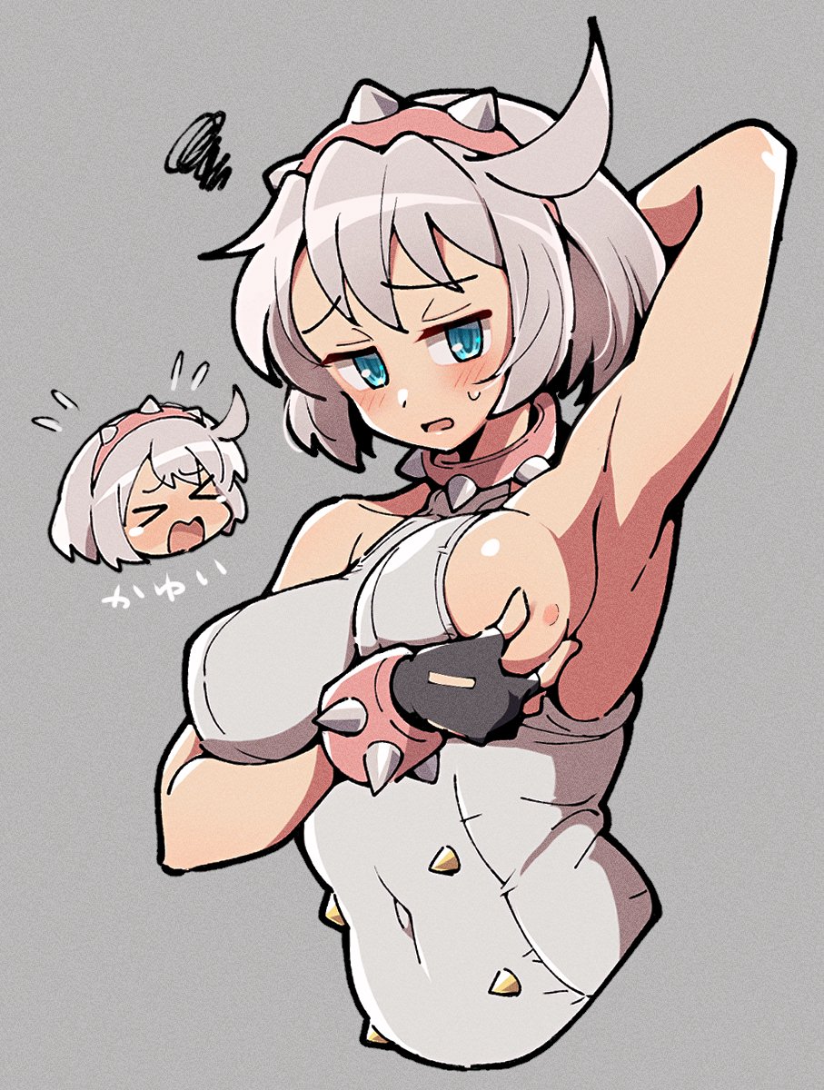 >_<, 1girl, :o, arm_behind_head, arm_up, black_gloves, blue_eyes, blush