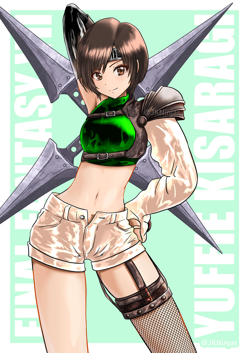 1girl, adapted_costume, arm_up, armor, armpits, artist_name, black_headband, black_sleeves