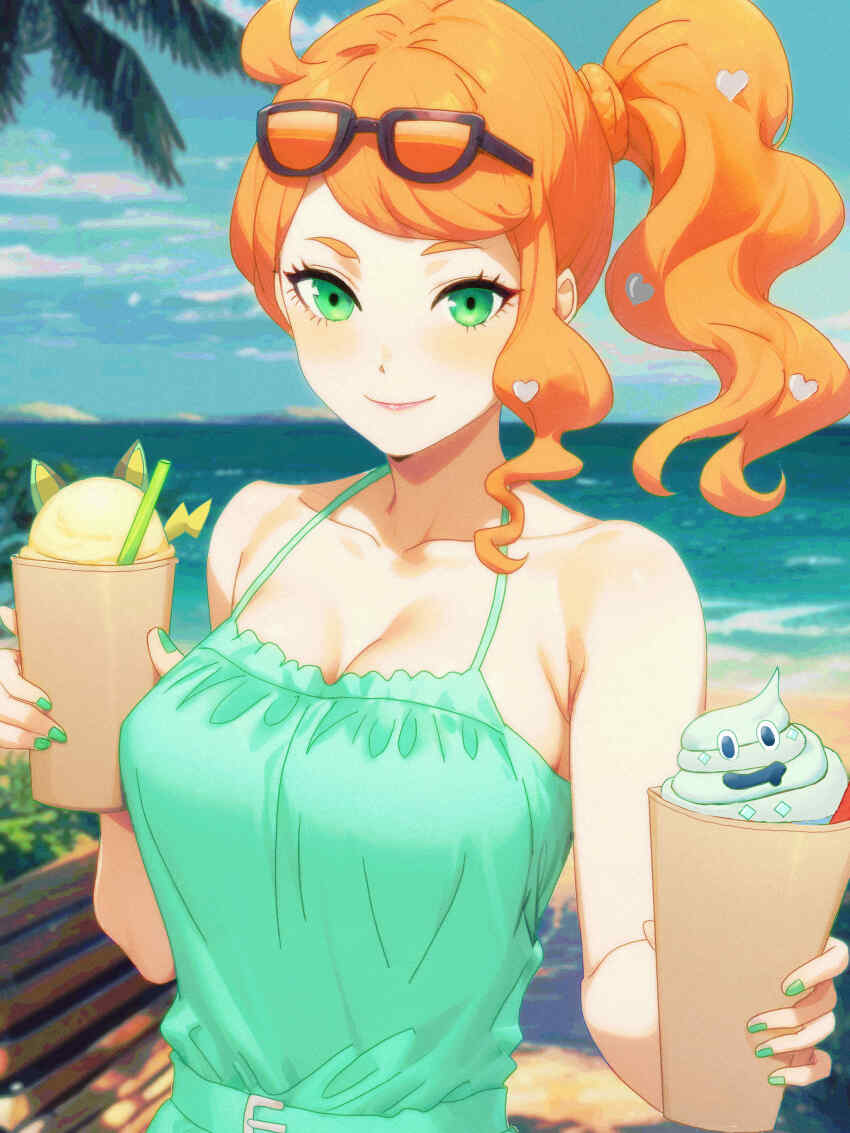 1girl, absurdres, alternate_costume, aqua_dress, bare_shoulders, beach, black-framed_eyewear, blue_sky