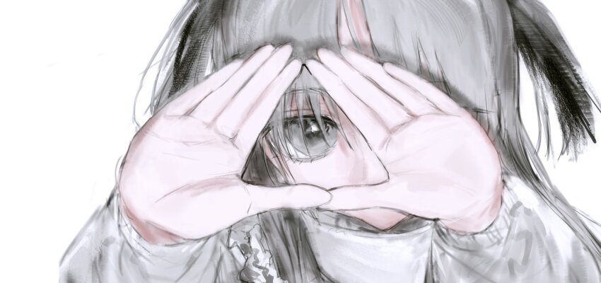 1girl, bad_id, bad_twitter_id, black_hair, covered_mouth, fcx4l, grey_eyes, grey_hair