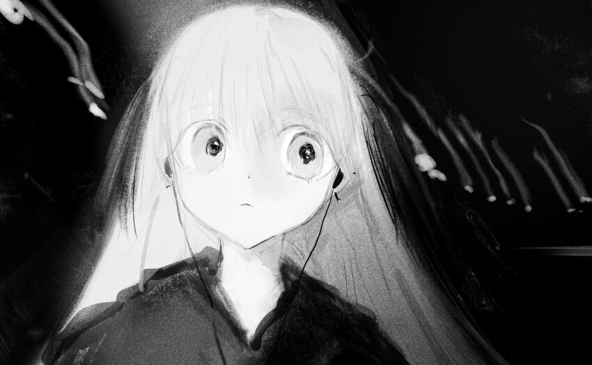 1girl, abstract_background, bad_id, bad_twitter_id, closed_mouth, earbuds, earphones, expressionless