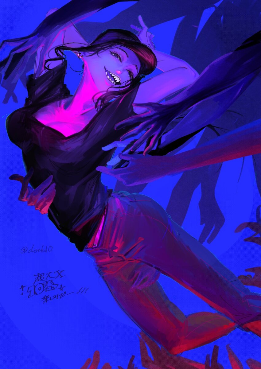 1girl, ass, black_hair, black_hat, breasts, choujin_x, copyright_name, denim, dotkd0, earrings, extra_hands, hat, highres, jeans, jewelry, looking_at_viewer, multiple_earrings, pants, purple_background, reaching, reaching_towards_another, sharp_teeth, signature, solo, teeth, twitter_username, yubiko_(choujin_x)