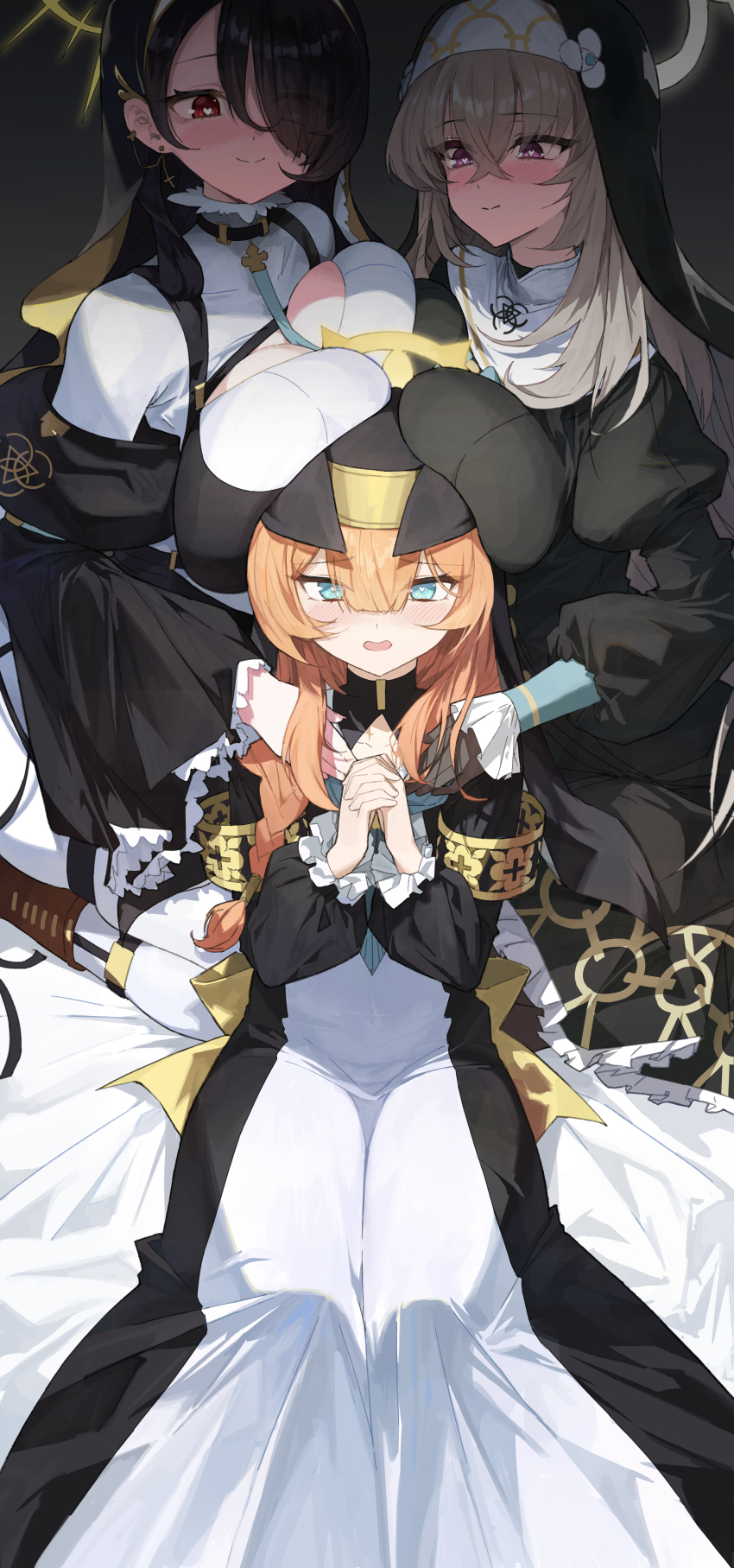 1-5iro, 3girls, absurdres, black_dress, black_hair, blue_archive, blue_eyes, blush