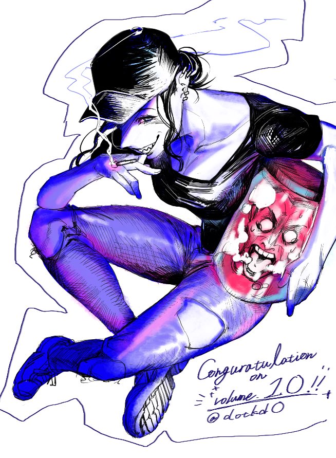 1boy, 1girl, black_hat, black_shirt, breasts, chandra_hume_(choujin_x), choujin_x, cigarette, decapitation, denim, dotkd0, earrings, english_text, evil_smile, hat, head_in_jar, holding, holding_jar, jar, jeans, jewelry, looking_at_viewer, pants, severed_head, sharp_teeth, shirt, signature, smile, smoke, teeth, twitter_username, yubiko_(choujin_x)