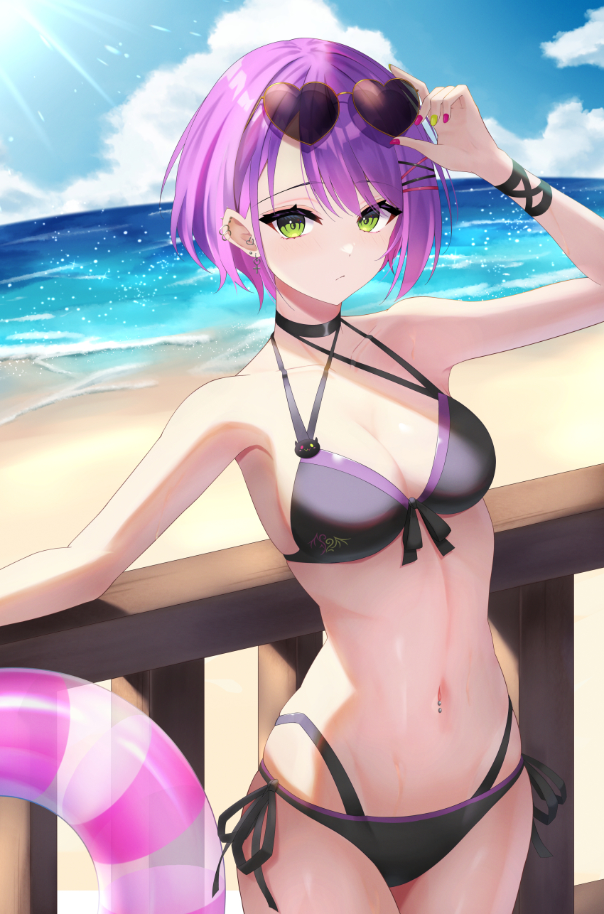 1girl, absurdres, bare_shoulders, beach, bikini, black_bikini, blue_sky, blush