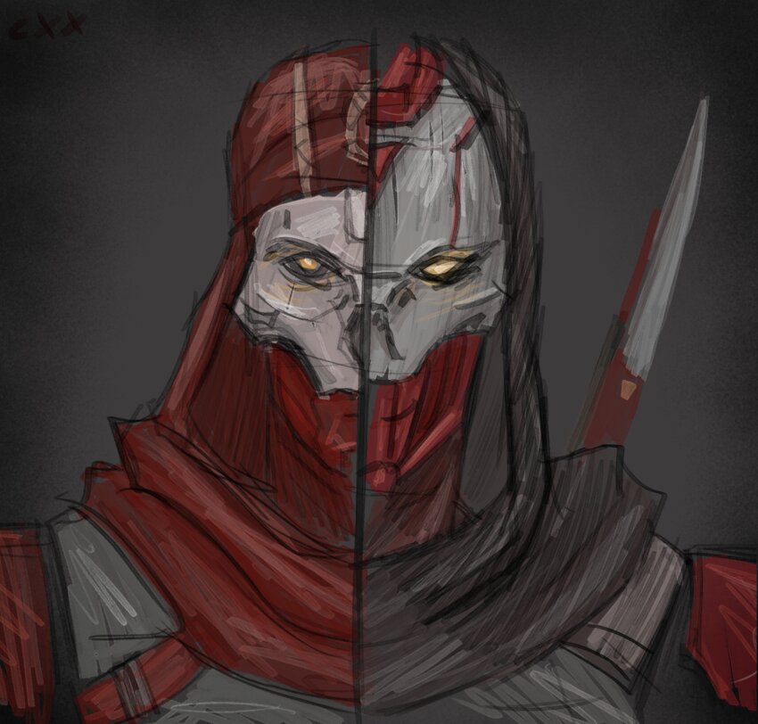 1boy, absurdres, apex_legends, bandana, black_background, black_sclera, classic_revenant, colored_sclera, commentary, english_commentary, highres, hood, hood_up, humanoid_robot, looking_at_viewer, male_focus, max_cxx, portrait, red_bandana, red_scarf, revenant_(apex_legends), robot, scarf, simulacrum_(titanfall), sketch, split_theme, yellow_eyes