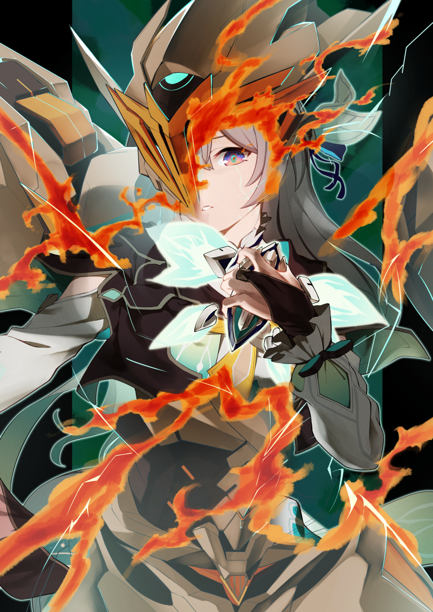 1girl, absurdres, armor, dress, fire, firefly_(honkai:_star_rail), glowing_headgear, green_light