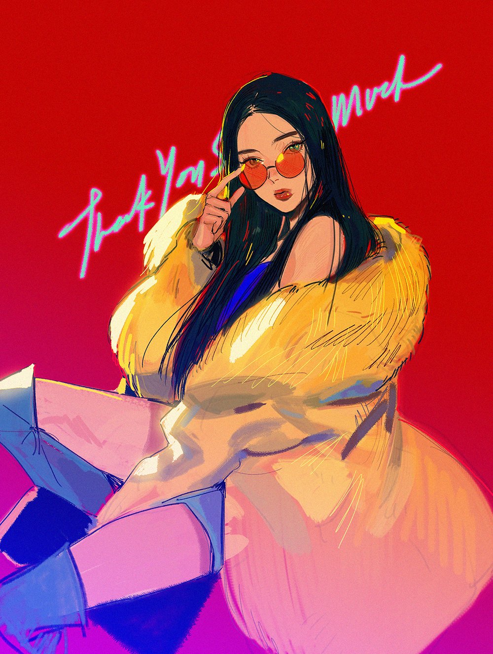 1girl, adjusting_eyewear, bare_shoulders, black_hair, boots, coat, commentary, english_commentary, english_text, hand_on_eyewear, highres, k-pop, kim_yubin, long_hair, looking_to_the_side, ngop, orange-tinted_eyewear, real_life, red_background, red_lips, simple_background, sitting, solo, sunglasses, thigh_boots, tinted_eyewear, yellow_coat