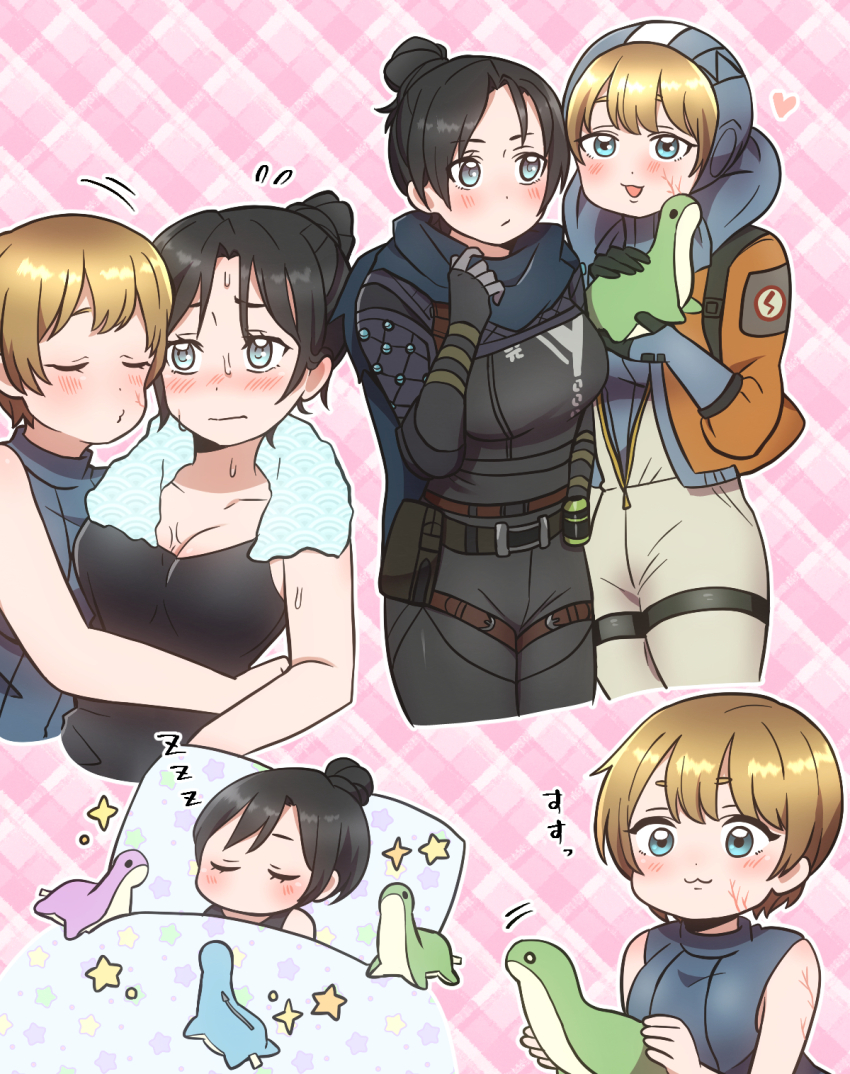 2girls, :3, animification, apex_legends, black_bodysuit, black_hair, blue_bodysuit, blue_eyes